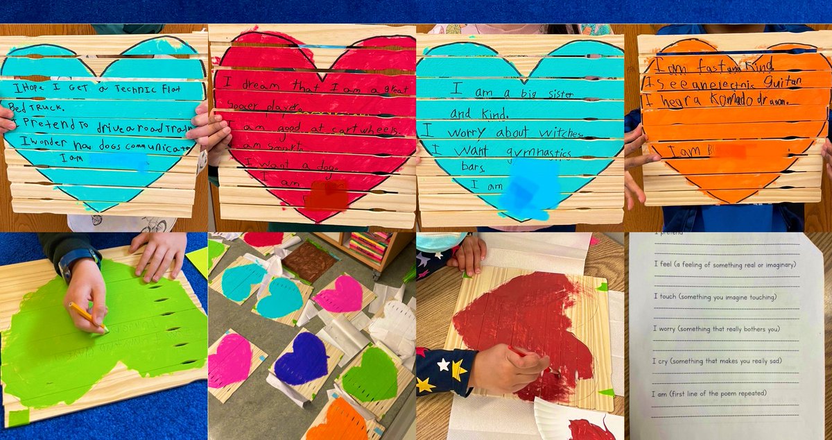 StaceyP1981's tweet photo. Happy Monday! Check out these awesome creations from some great #firstgrade students! Thank you so much #ptownheart for the inspiration! I am blown away at how beautiful these are! #IAmPoem https://t.co/l2oBC76WGX