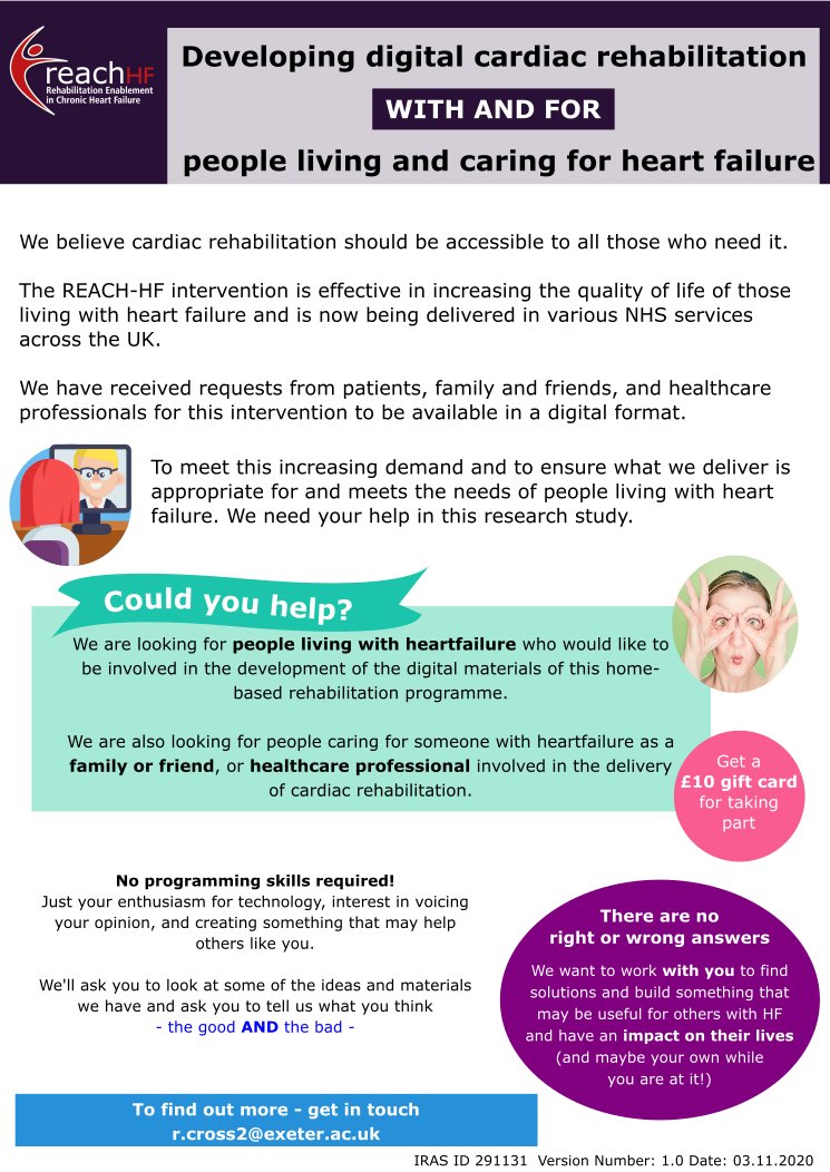 REACH_HF's tweet photo. Interested in shaping the development of a digital cardiac rehabilitation programme for patients with #heartfailure &amp; their caregivers? If so @REACH_HF is recruiting participants to provide feedback on our digital app. To find out more, please contact r.cross2@exeter.ac.uk https://t.co/be7io0OIXD