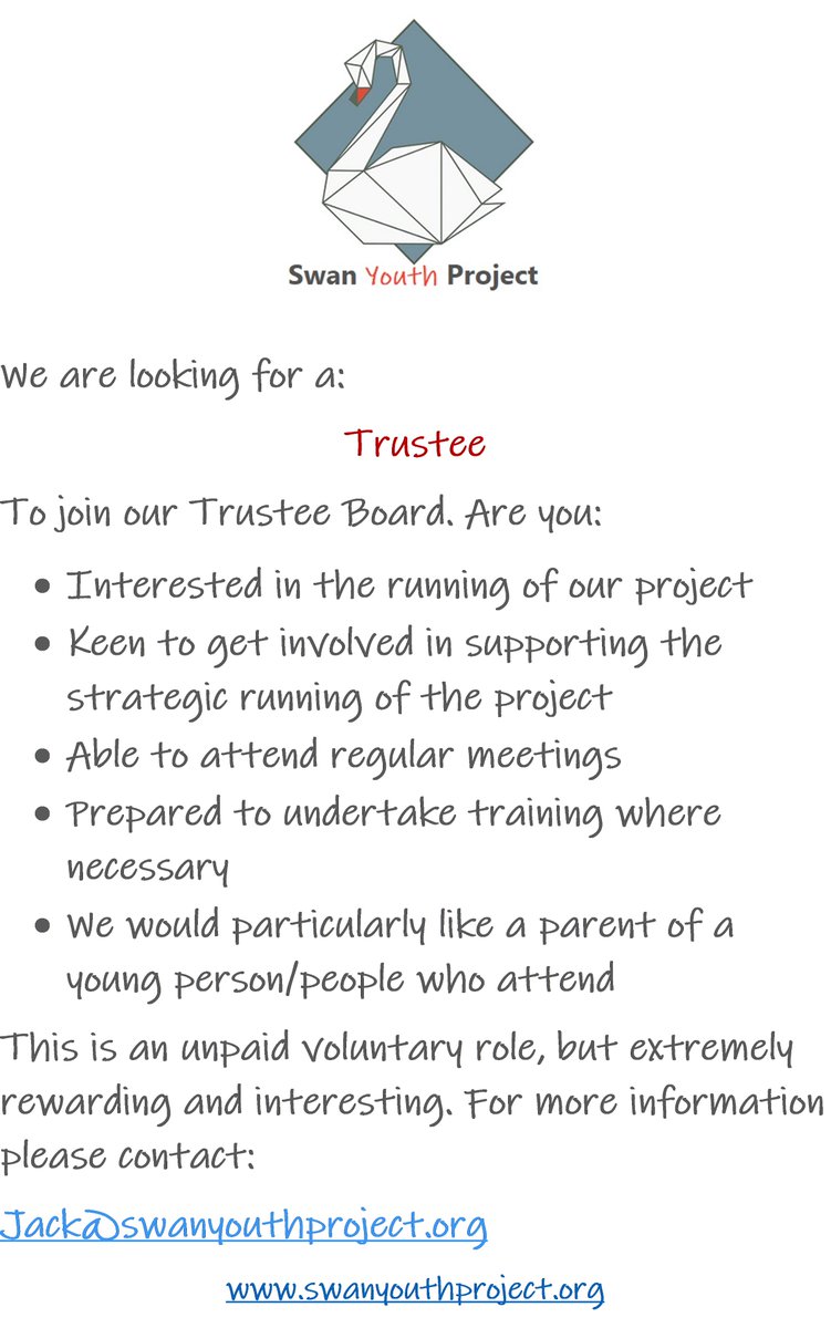 DMSwanYouth's tweet photo. We are looking for a new Trustee, and would particularly like a parent of a young person/people who attends the project. For more info, please contact jack@swanyouthproject.org https://t.co/FCFXQLEBGI