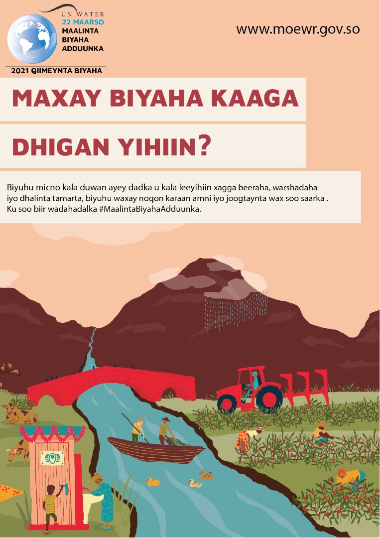 Water means different things to different people. In griculture, industry and energy generation, water can mean security, productivity &amp; sustainability 

Share your idea!
What Water means to you?

#MaalintaBiyahaAdduunka
#WorldWaterDay2021
#WorldWaterDay
#Water2me