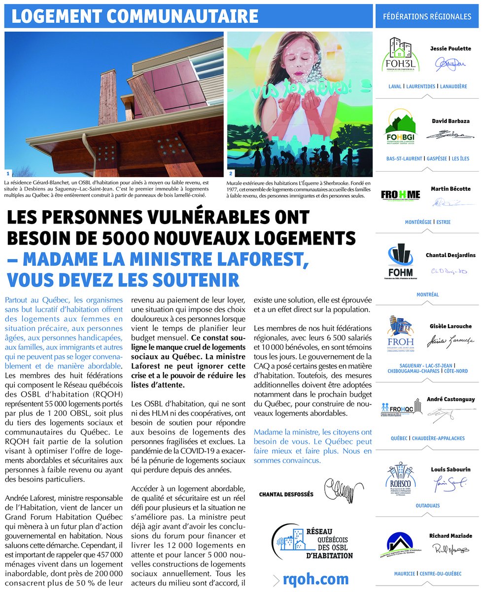 RQOH_'s tweet photo. Le RQOH et les fédérations régionales d'OSBL d'habitation publient aujourd’hui une déclaration qui occupe une pleine page des éditions papier du Journal de Montréal et du Journal de Québec.
5000 #logement|s https://t.co/CPffmIggkh @AndreeLaforest https://t.co/mfrxDlYGmo