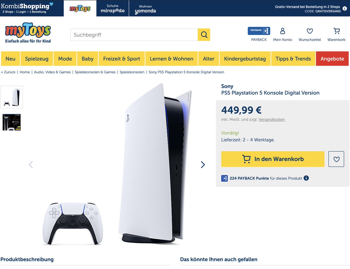Bestell_bar's tweet photo. PS5 Digital Edition ebenfalls bei MyToys erhältlich. Auch hier stolze 50€ Aufpreis ohne Zugabe: https://t.co/9nOGEhn0ZK https://t.co/cK3OSguhap
