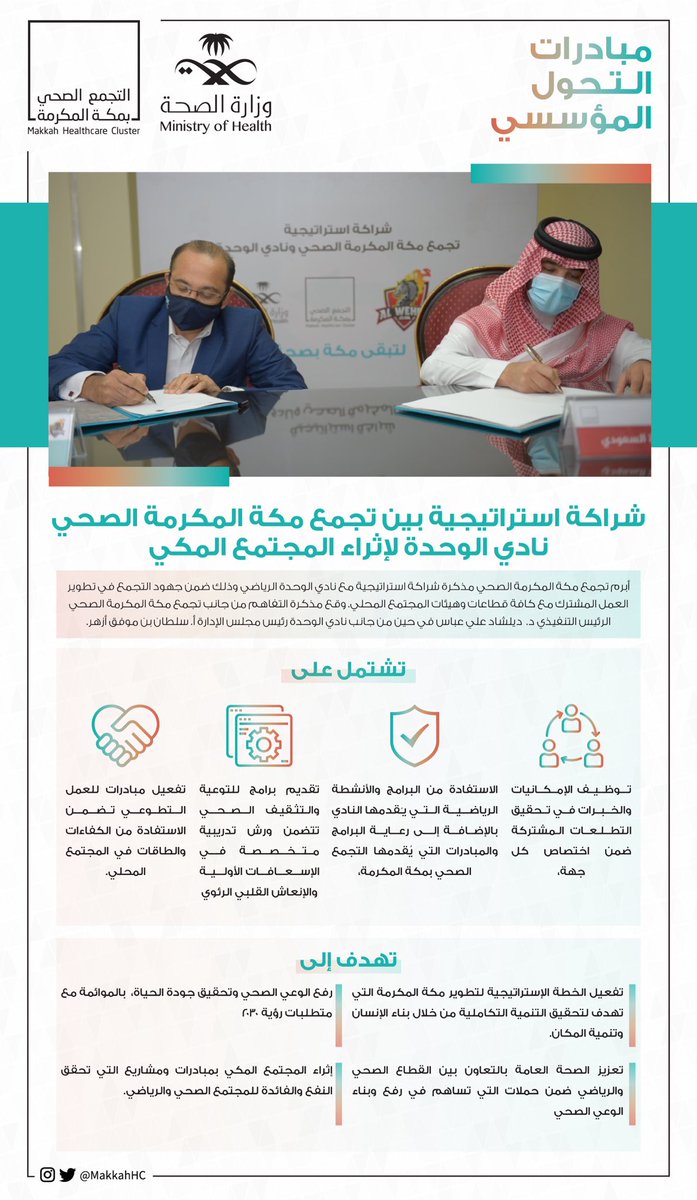 makkah_hc's tweet photo. #مبادرات_التحول_المؤسسي | 🗞

لتعزيز صحة المجتمع المكي بمبادرات صحية ورياضية #تجمع_مكة_المكرمة_الصحي يوقع شراكة استراتيجية مع نادي الوحدة. https://t.co/fT7oktZL9M