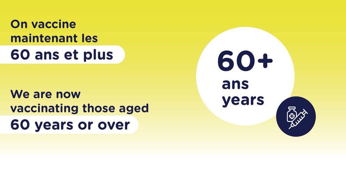cusm_muhc's tweet photo. JUST ANNOUNCED: People 60 and over are now eligible for vaccination. Visit https://t.co/esGeD7rDTY or call 514-644-4545 to make an appointment. #Montreal https://t.co/XCAQeJxMoT