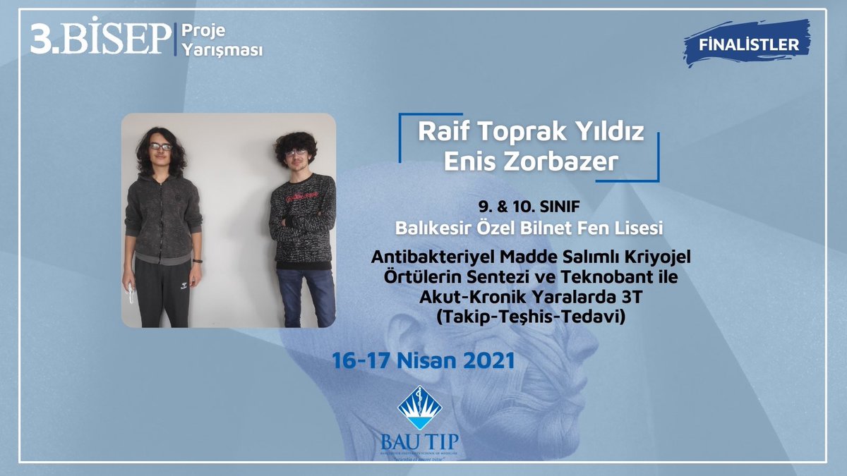 BisepProje's tweet photo. BİSEP Proje Yarışması’nın finalistleri belli oldu! 

Çalışmalarını 16-17 Nisan 2021 tarihlerindeki BİSEP Proje Yarışması’nda jüri üyeleri ve izleyiciler karşısında sunacak olan Balıkesir Özel Bilnet Fen Lisesi'nden Raif Toprak Yıldız ve Enis Zorbazer'i tebrik ediyoruz. https://t.co/8yqo2gLnTZ