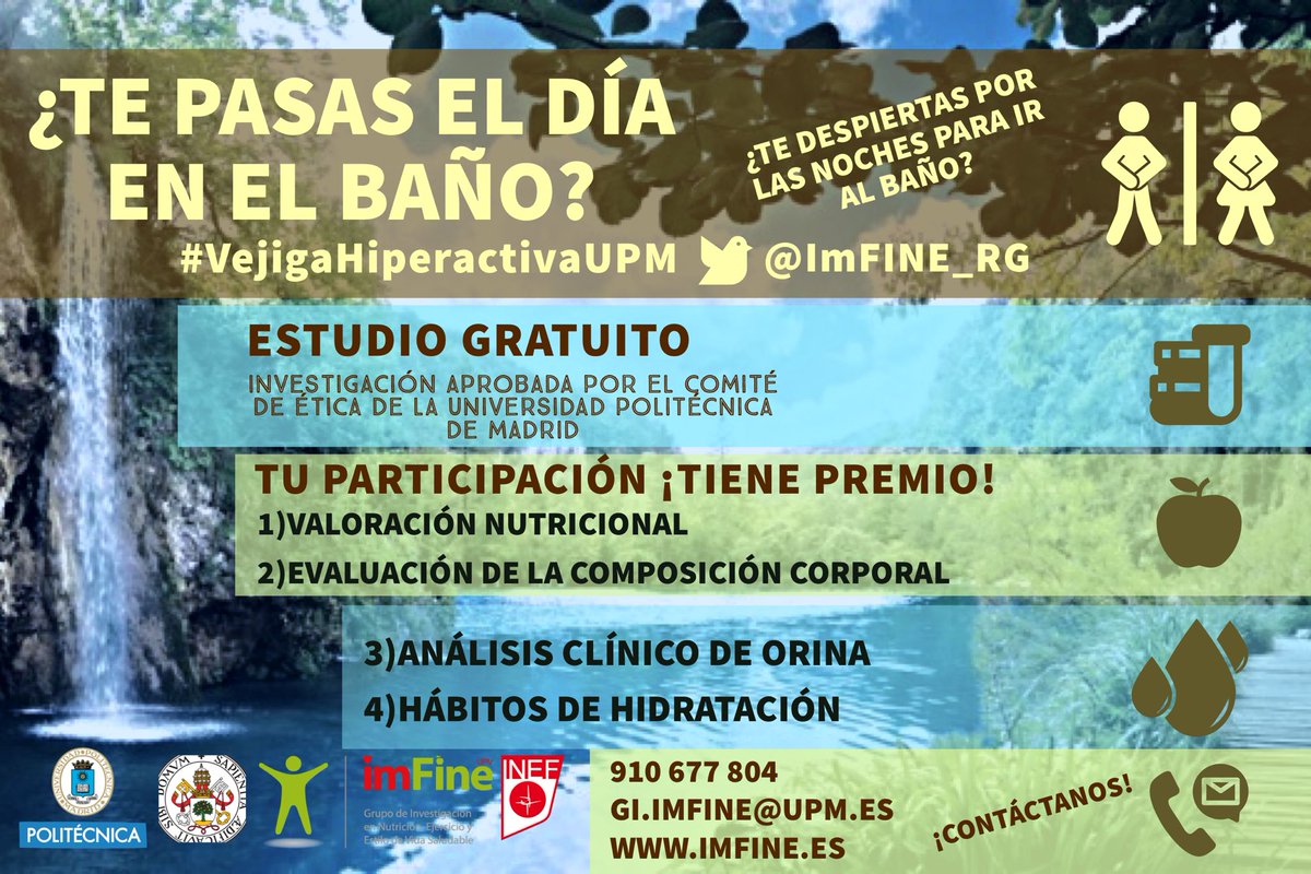 ImFINE_RG's tweet photo. Si eres de l@s que va mucho al 🚽 por la noche y te apetece participar en un estudio de investigación sobre #VejigaHiperactivaUPM puedes contactarnos en 👇. https://t.co/BxXCxiK6qS