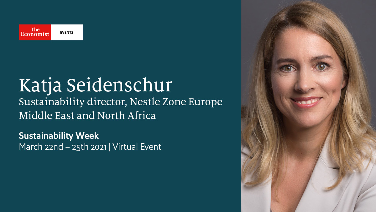 NestleUKI's tweet photo. Katja Seidenschnur, Sustainability Director for @Nestle EMENA is taking part in this week’s Economist Sustainability event.

Katja is speaking on a panel to share examples, challenges and ambitions on #circularity in the #supplychain. 

To register visit https://t.co/tGX28nsVoP https://t.co/5zAwLsERmg