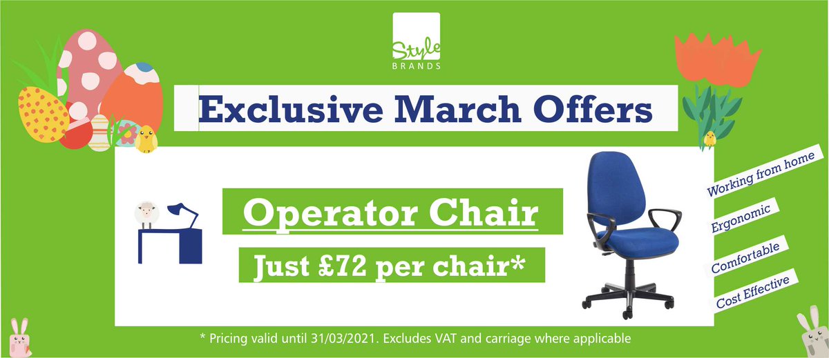 Style Brands (@style_brands) on Twitter photo The humble #Office Operator Chair, one of the hardest working #officefurniture pieces!
Exclusive price on our best-selling fabric chair until 31/03/21. With lumbar support + arms just £72 ex VAT/delivery each!
Contact us: info@stylebrands.co.uk.
#WFH #MondayMotivation The humble #Office Operator Chair, one of the hardest working #officefurniture pieces!
Exclusive price on our best-selling fabric chair until 31/03/21. With lumbar support + arms just £72 ex VAT/delivery each!
Contact us: info@stylebrands.co.uk.
#WFH #MondayMotivation
