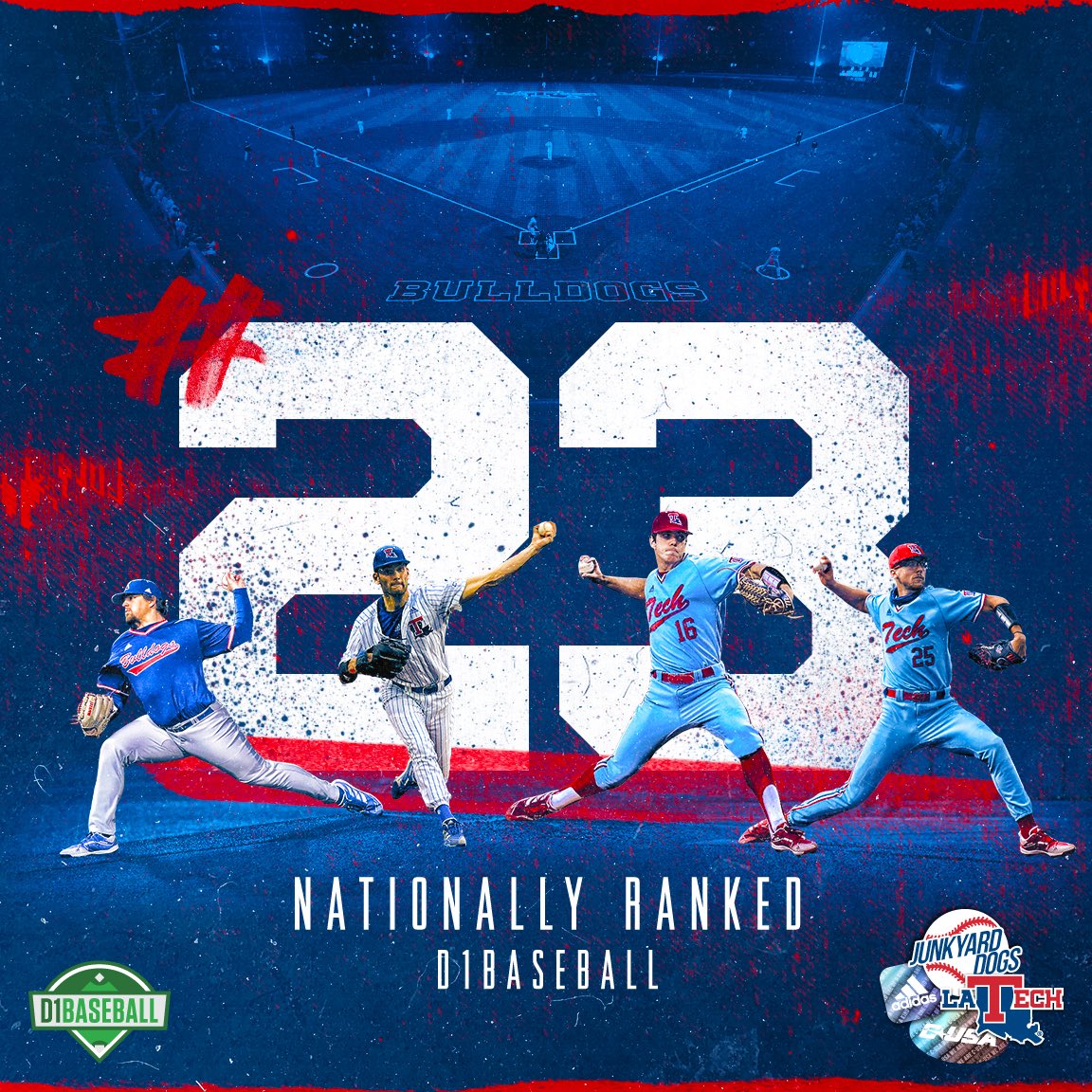 LATechBSB's tweet photo. Allow us to reintroduce ourselves...

Your Diamond Dogs are BACK in the Top 25! @D1Baseball ranks the ‘Dogs No. 23 in the nation following a 4-0 week against Ole Miss and Tulane 🔥

#JunkyardDogs 🦴 https://t.co/KVdk1ZIkJk
