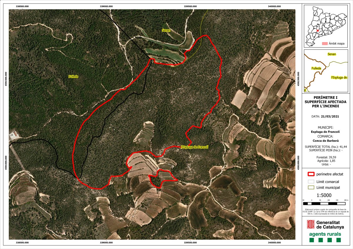agentsruralscat's tweet photo. @bomberscat Per municipis #IFSenan ha afectat:
34,94 ha al terme de l'Espluga de Francolí
5,89 ha a Fulleda
0,61 ha a Senan
Per usos del sòl l'afectació és:
39,59 ha de terreny forestal
1,85 ha de terreny agrícola https://t.co/oiVcJvqhwH