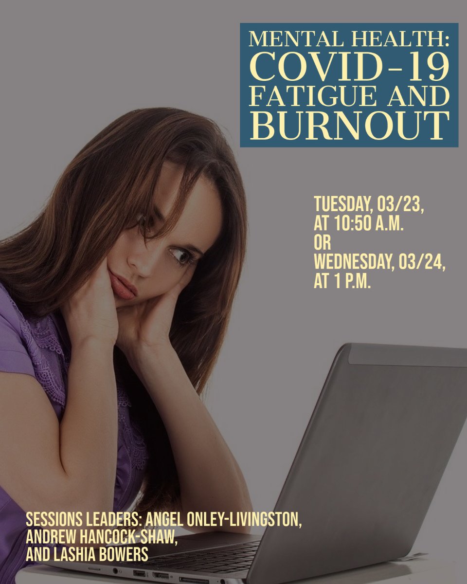 CCUPDAT's tweet photo. Spring Break is almost here! Fatigue and burnout are starting to set it. Join us via Zoom, Tuesday @ 10:50 or Wednesday @ 1 to learn how to recognize it and create an action plan to manage it! Register: https://t.co/nt8I6FzaCe #CCUFaculty #CCUStaff  #Mentalhealth #Wellness https://t.co/1ndOrpqMiy