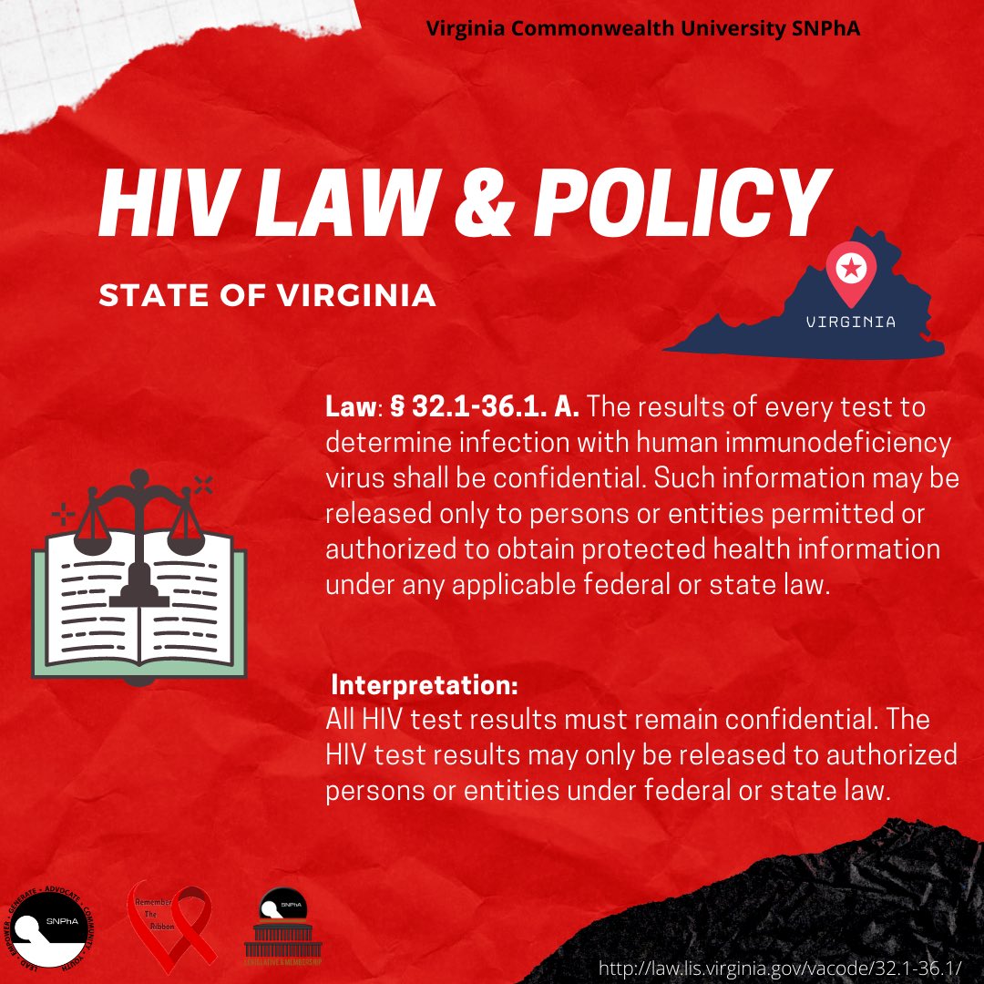 SNPhAVCU's tweet photo. VCU SNPhA's legislative and Remember the Ribbon committee have collaborated to look at HIV policy and law in Virginia. HIV laws and policies are structural interventions that can be facilitators to effective HIV Prevention and care activities.
#SNPhALMBI
#SNPhARTR https://t.co/16kPGaeeyY
