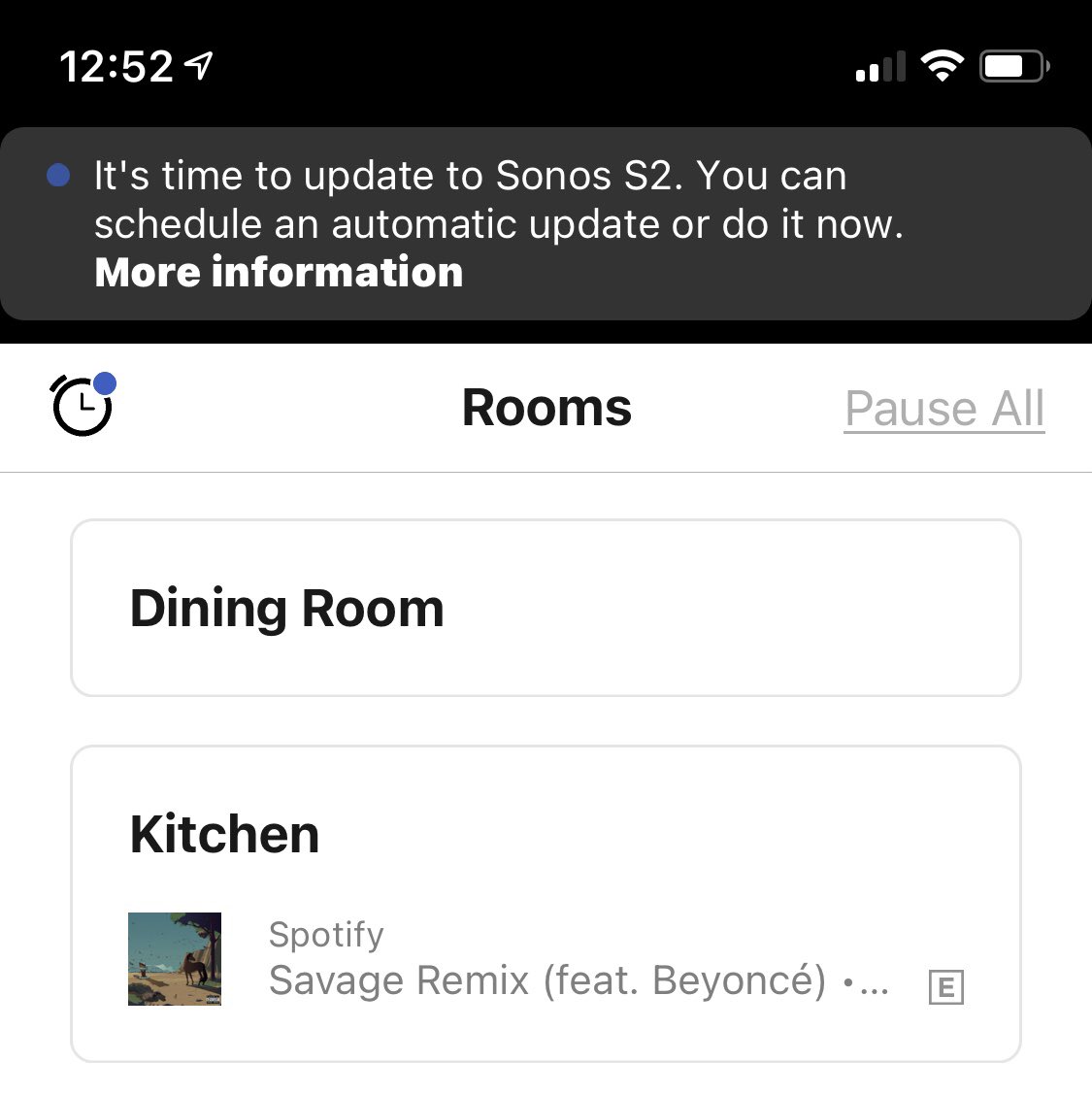 eddycarroll's tweet photo. @sonos Is it really necessary to remind me Every Single Week about upgrading to S2? Yes, I’ve completed the upgrade check each time. My Sonos system has seven S1 components and unless you are offering to replace them for free, I won’t be getting rid of them. Please stop nagging! https://t.co/Jga4k1IlFm