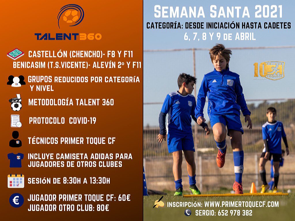 primertoquecf's tweet photo. 🎖TALENT 360 PRIMER TOQUE SEMANA SANTA 2021.

Esta Semana Santa no te quedes sin disfrutar del fútbol ⚽️.

🏟Sedes: Castellón (Chencho) y Benicasim (Mpal. Torre San Vicente).

🚨ABIERTO A JUGADORES DE PRIMER TOQUE CF Y OTROS CLUBES🤩

ℹ️ https://t.co/Y73a4iN4xK https://t.co/BEuQkFBrtW
