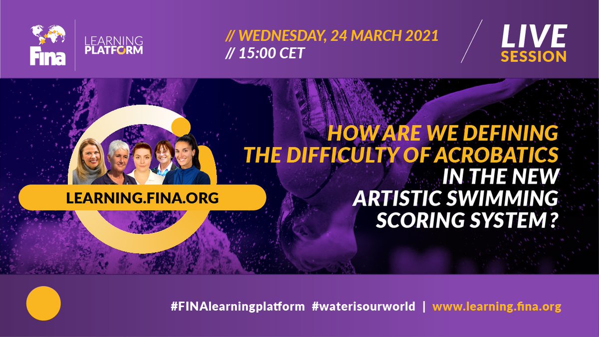 WorldAquatics's tweet photo. ๐ค Learn everything there is to know about the FINA new artistic swimming scoring system and how the levels of difficulty for acrobatics will be defined. ๐ฆ
โ
Wed 24 March @ 15:00 CET
โ
Presenters & Info: https://t.co/2EpHUdeUxS
#artisticswimming #FINAlearningplatform https://t.co/YDTgGNgAMs