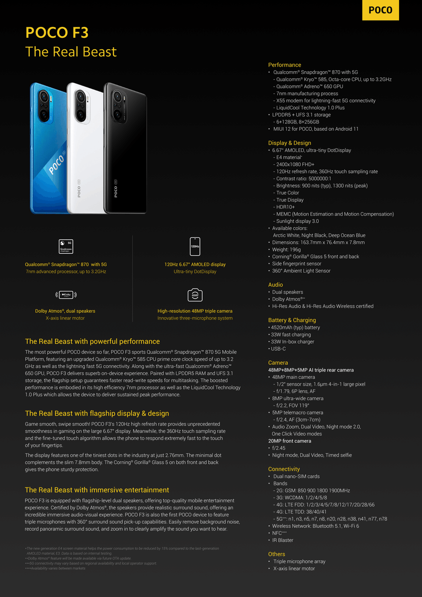NilsAhrDE's tweet photo. This is the Poco F3 5G:
🧠Snapdragon 870 5G
📸48+8+5 MP
📱6.67“ AMOLED 120Hz
🔋4520mAh + 33W⚡️
📦6+128 GB, 8+256 GB
💵349,90€/ 399,90€
🐦Early Bird -50€ (299/349)
#PocoF3 #PowerMeetSpeed https://t.co/01CLa78OUb