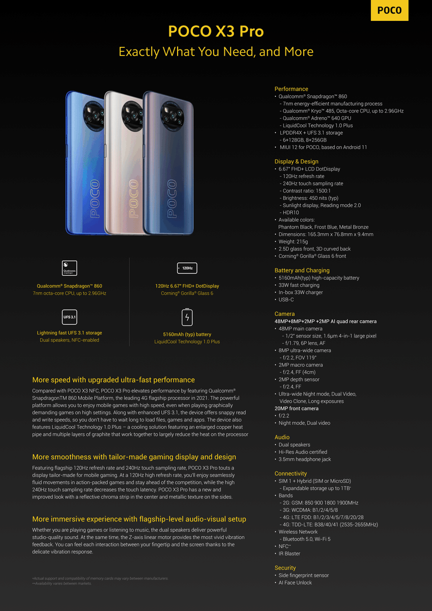 NilsAhrDE's tweet photo. This is the Poco X3 Pro:
🧠Snapdragon 860
📱6.67" FHD+ LCD DotDisplay with 120Hz
📸48+8+2+2 MP
🔋5160 mAh + 33W⚡️
📦6+128GB, 8+256GB
💵249,90€ and 249,90€
🐦Early Bird -50 € (199/249)
#PocoX3Pro #PowerMeetSpeed https://t.co/ee1Ers5vAw