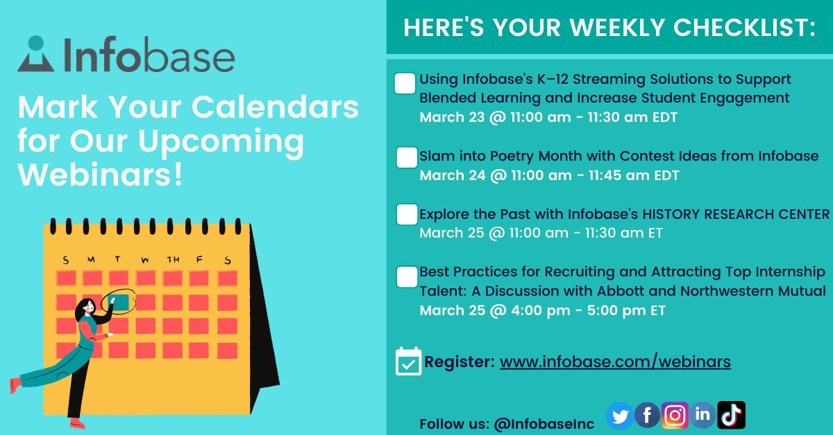 Have you registered for our upcoming #webinars?

Here's your weekly checklist to stay up-to-date on trending topics and news, explore our exciting product updates, and hear from keynote speakers who are experts in their field.

Register today: infobase.com/webinars