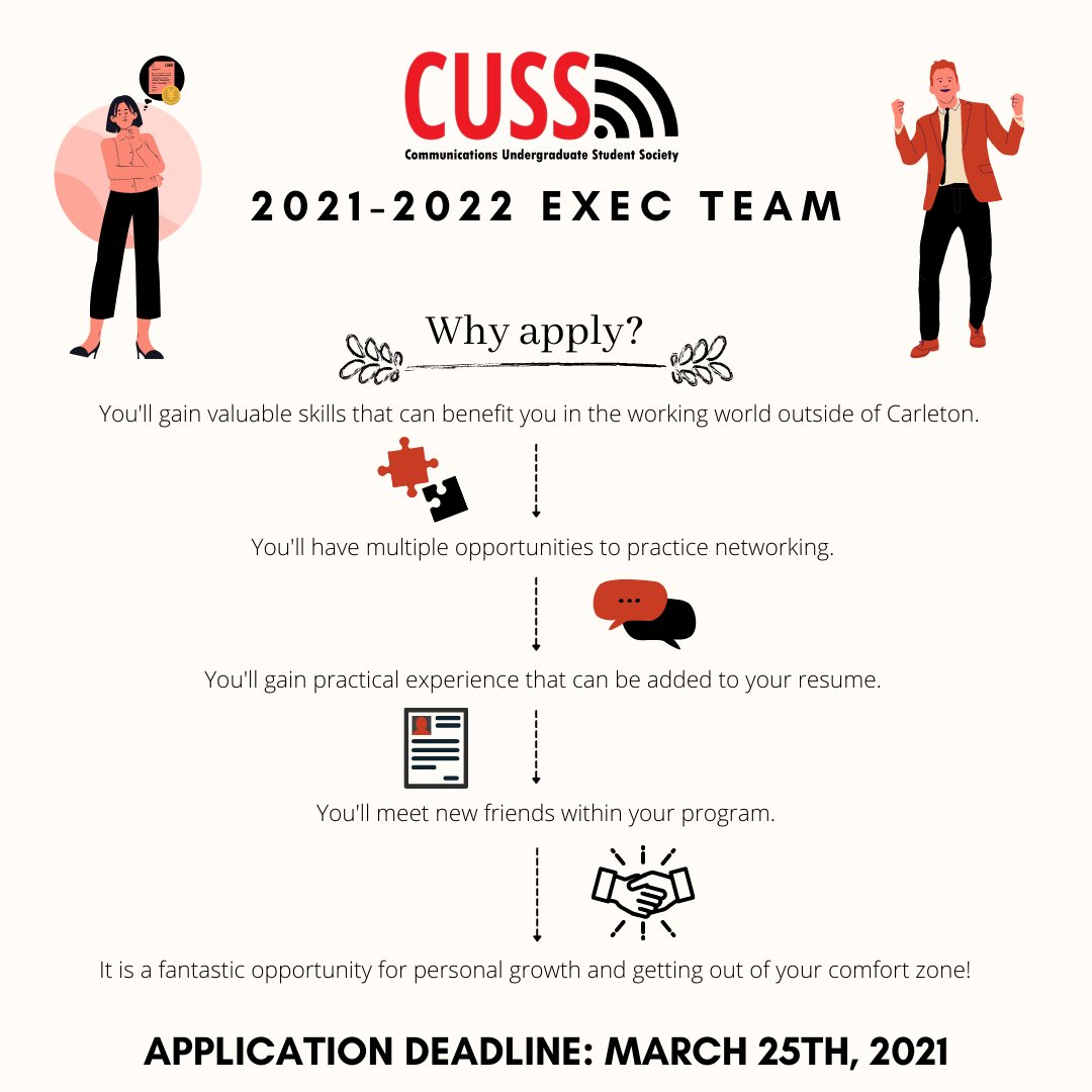Considering applying to CUSS's 2021-2022 Exec Team? We've got you covered! Check out our graphic for a few key reasons as to why you should apply…

Apply here: forms.gle/3fmJZPcWDrpahN…