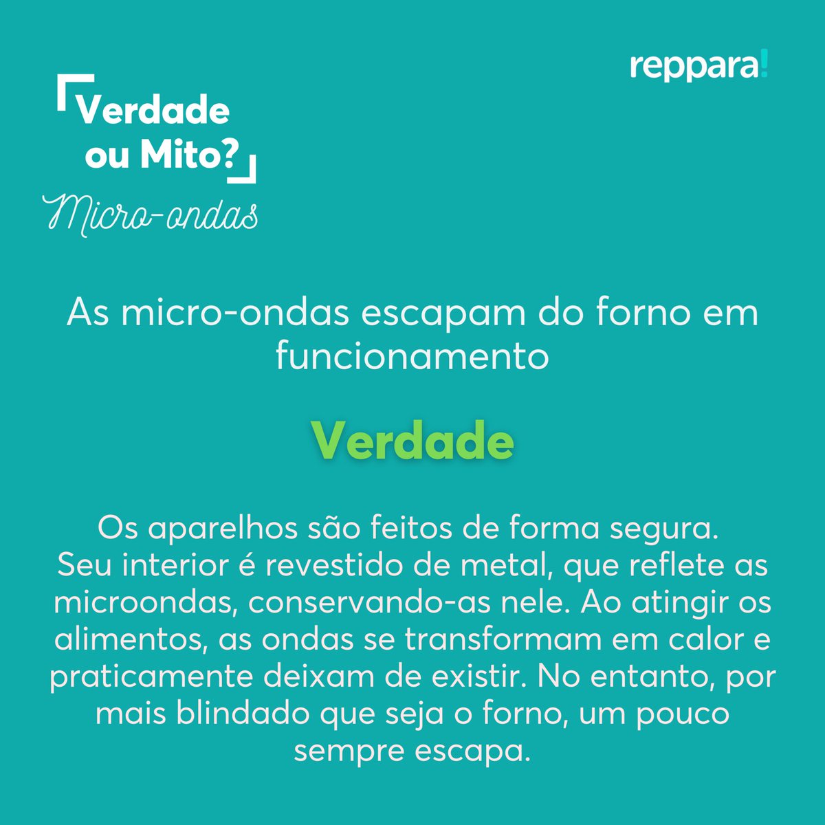 reppara's tweet photo. Hoje é dia de esclarecer alguns mitos e verdades sobre o micro-ondas! Temos certeza de que você já ouviu alguma dessas afirmações. Tem alguma dúvidas sobre o aparelho? Deixe nos comentários! 😉
#reppara #dicasreppara #reparos #consertos #cuidandodasuacasa #eletrodomésticos https://t.co/Uaf6hqdtl9
