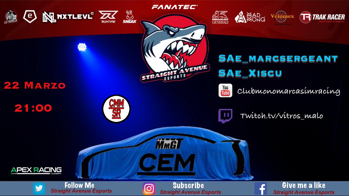 Hoy se disputa la segunda carrera del #CEM , organizado por <a href="/ClubMonoMarcaSR/">ClubMonoMarca SimRacing</a>
👥 <a href="/AdrianVegaMS/">marcsergeant</a> y <a href="/XiscuRoots/">SAe_Xiscu</a>
🚦 20:00
🎥twitch.tv/clubmonomarcas…

Patrocinadores:
<a href="/fanatec/">FANATEC</a> 
@GeneraliSchweiz 
<a href="/trak_racer/">Trak Racer</a> 
<a href="/madmonq/">MADMONQ®</a> 
<a href="/SneakEnergy/">SNEAK</a> 
<a href="/eSportsCH/">eSports.ch</a> 
@unbadbeatble
<a href="/NxtLevlDE/">EꙆoᥒ Mᥙ⳽ƙ。</a> 
<a href="/apexracingac/">Apex Racing Academy</a>