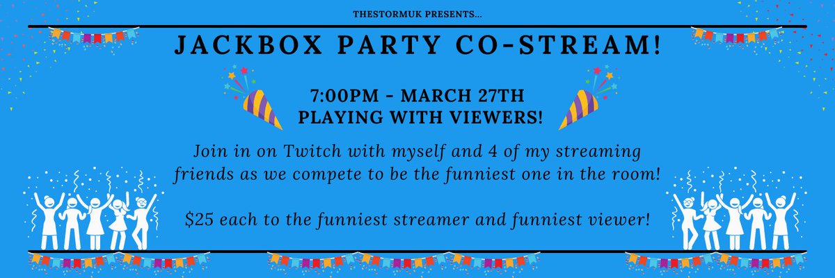 TheStormUK1's tweet photo. The long awaited #Jackbox Party event is this Saturday!

Featuring @TheOGAlphaWhale, @itsemmieray, @ttv_spacechap, @xo_curse and YOU in the audience, it's guaranteed to be a great evening! 

Find your comfiest chair, grab some snacks and settle in!

Who's gonna be there? #retweet https://t.co/skUqku669Y