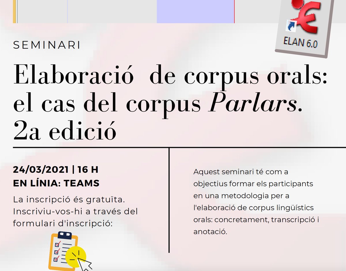 AndreuSenti's tweet photo. 🧑‍💻🗣️ Segona edició del seminari-taller "Elaboració de corpus orals: el cas del @CorpusParlars" (en línia), amb la col·laboració del @FiloCatUV #SpokenCorpusLinguistics

Inscripció (gratuïta) i informació 👇 
https://t.co/C3V1k05bM5 https://t.co/8zPhngjxUh