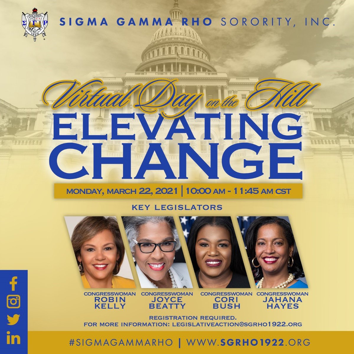 SGRho's tweet photo. Today, Sigma Gamma Rho Sorority will ELEVATE CHANGE with our virtual Day on the Hill event at 9:00 am CST/10:00 am EST.  Register today (in Golden Communique), listen in at work, and be present in this very important conversation.  #SigmaGammaRho #SGRho #elevatechange 💙💛 https://t.co/ytGaCbGeWJ