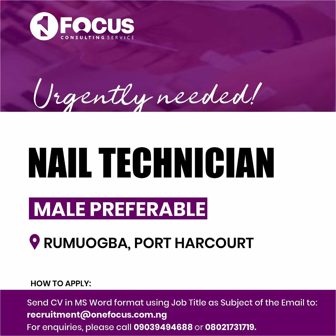 1focus_service's tweet photo. Our client, a highly reputable beauty spa urgently needs a Male Nail Technician.
Interested candidates should please send their CV to recruitment@onefocus.com.ng using the job title as subject of the mail. For further enquiries, call 09039494688.
#OneFocus #beautysalon #vacancies https://t.co/mhAdEQQUS8