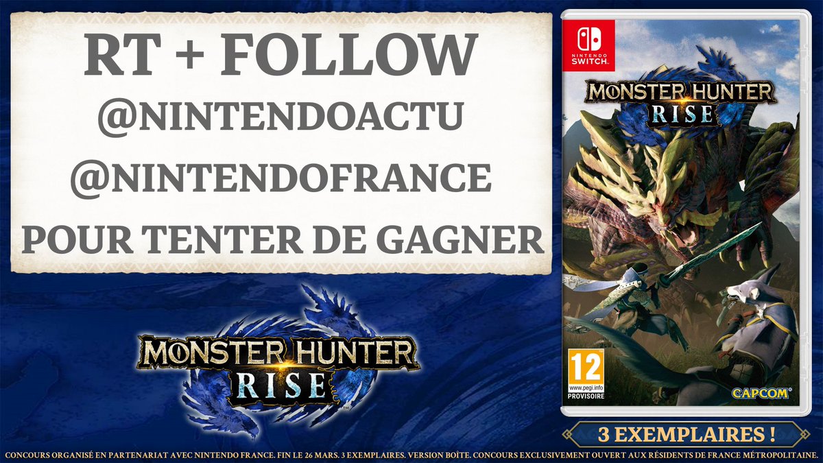 NintendoActu's tweet image. [CONCOURS] - Follow @NintendoActu et @NintendoFrance + RT + taguez un(e) ami(e) pour tenter de gagner Monster Hunter Rise sur #NintendoSwitch ! 😸🐉 #MHRise

🎁 3 jeux à gagner ! Fin le 26/03.