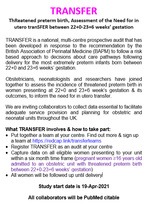 @BiCOPS (@bicops) on Twitter photo The TRANSFER audit aims to assess the incidence of threatened preterm birth in women presenting at 22+0-23+6 weeks’ gestation in the UK, and its outcomes, to inform the need for in utero transfer.  Find out how to take part at redcap.link/transferteams. The TRANSFER audit aims to assess the incidence of threatened preterm birth in women presenting at 22+0-23+6 weeks’ gestation in the UK, and its outcomes, to inform the need for in utero transfer.  Find out how to take part at redcap.link/transferteams.