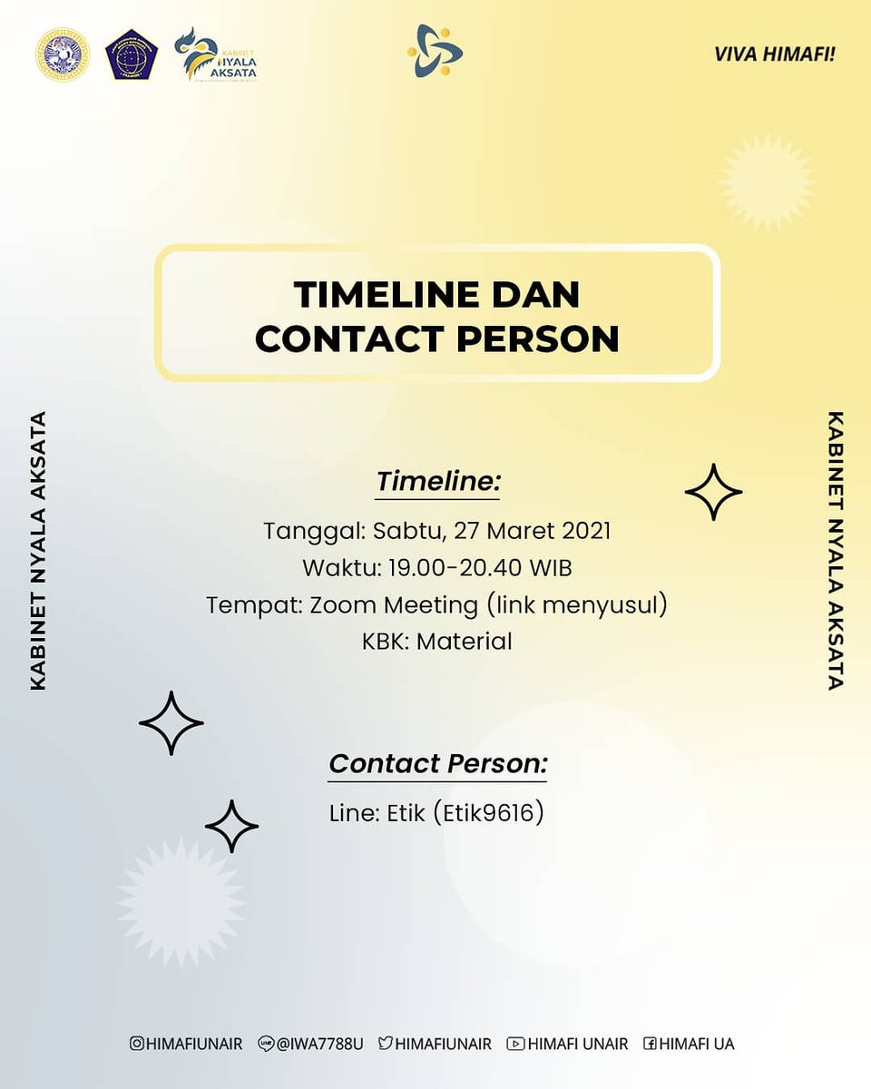 himafiunair's tweet photo. 📅: Sabtu, 27 Maret 2021
🕐: 19.00-20.40
📍: Zoom (Link menyusul)
KBK: Material

So.... tunggu apalagi? Langsung budalkan, rek!🛵

CP: Rtik (Etik9616)
#KementrianRistek 
#KabinetNYALAAKSATA
#HIMAFIUNAIR
#VIVAHIMAFI https://t.co/9SbmeoxQ5C