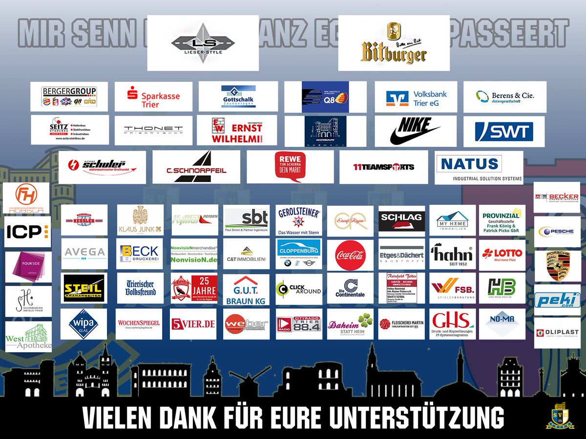 eintrachttrier's tweet photo. Der SV Eintracht-Trier 05 e.V., seine Spieler, Mitarbeiter und Gremien bedanken sich bei jedem einzelnen Partner für die großartige Unterstützung in diesen herausfordernden Zeiten! 🔵⚫️⚪️
—————————————————
#mirsenndaobei #nurdersve #gemeinsam #starkepartner #stadttrier
#trier https://t.co/JAEKqO4cKT