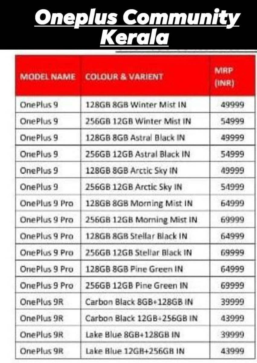 yabhishekhd's tweet photo. OnePlus 9 Series Indian 🇮🇳 pricing.
-OnePlus 9
 8+128GB ₹49,999

-OnePlus 9 Pro
8+128GB ₹64,999

-OnePlus 9R
8+128GB ₹39,999

Thanks @jaj_18
#OnePlus9Pro #OnePlus9 #OnePlus9R5G #OnePlus9R #OnePlusxHasselblad #OnePlus9Series5G https://t.co/GcfiAQgzc2