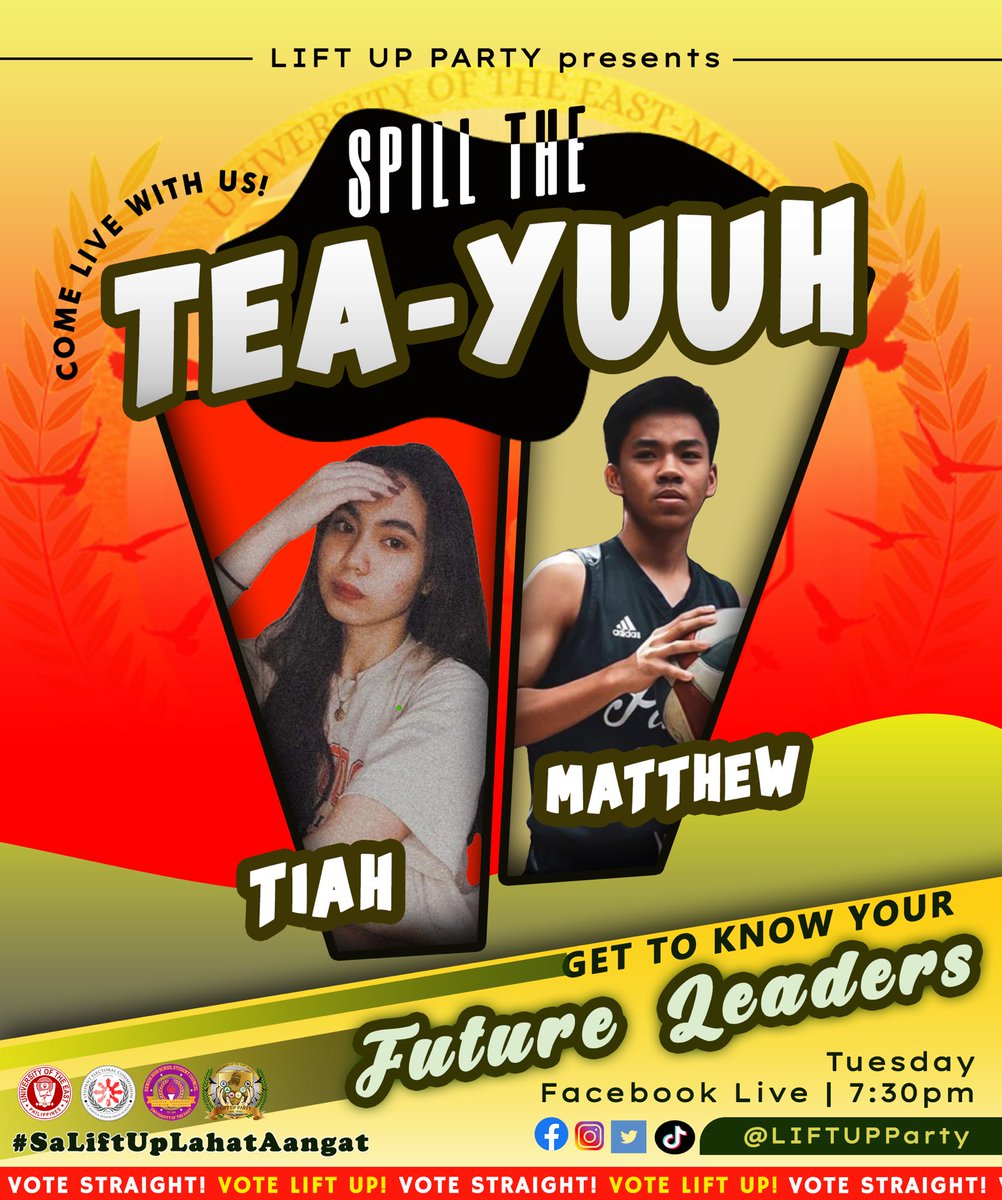 LiftupParty's tweet photo. To know more about our candidates, we are inviting you to watch our live campaign on March 23, 2021, Tuesday at 7:30 to 8:20 PM. See you there UE SHS Warriors!
#SpillTheTeaYuUuUuuuUH
#LIFTUP
#VOTELIFTUP
#LiftUpParaSaHinaharap
#SaLiftUpLahatAangat https://t.co/YYVbMLhr46