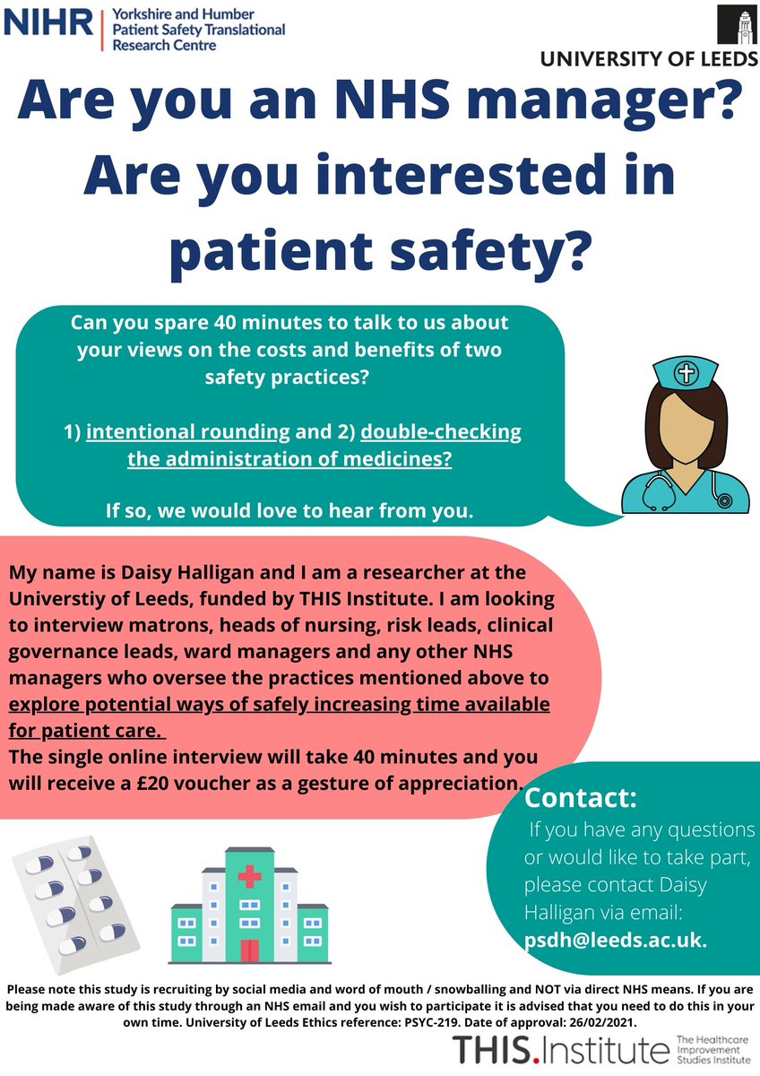 HalliganDaisy's tweet photo. We are still looking to recruit matrons, heads of nursing, risk leads, clinical governance leads, ward managers and any other NHS managers who oversee intentional rounding or double checking medicines to our interview study. Please email: psdh@leeds.ac.uk if interested! https://t.co/MZqTfKMYCc