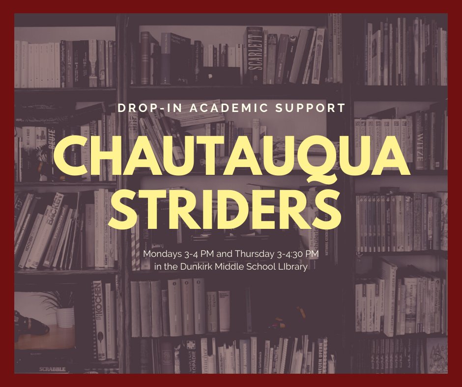 Dunkirk Middle School is excited to announce that Chautauqua Striders will be in the Library for drop-in academic support! 🙌

📆 Mondays 3-4pm 
📆 Thursdays 3-4:30pm

Students can receive support in any subject they need help in! 😎