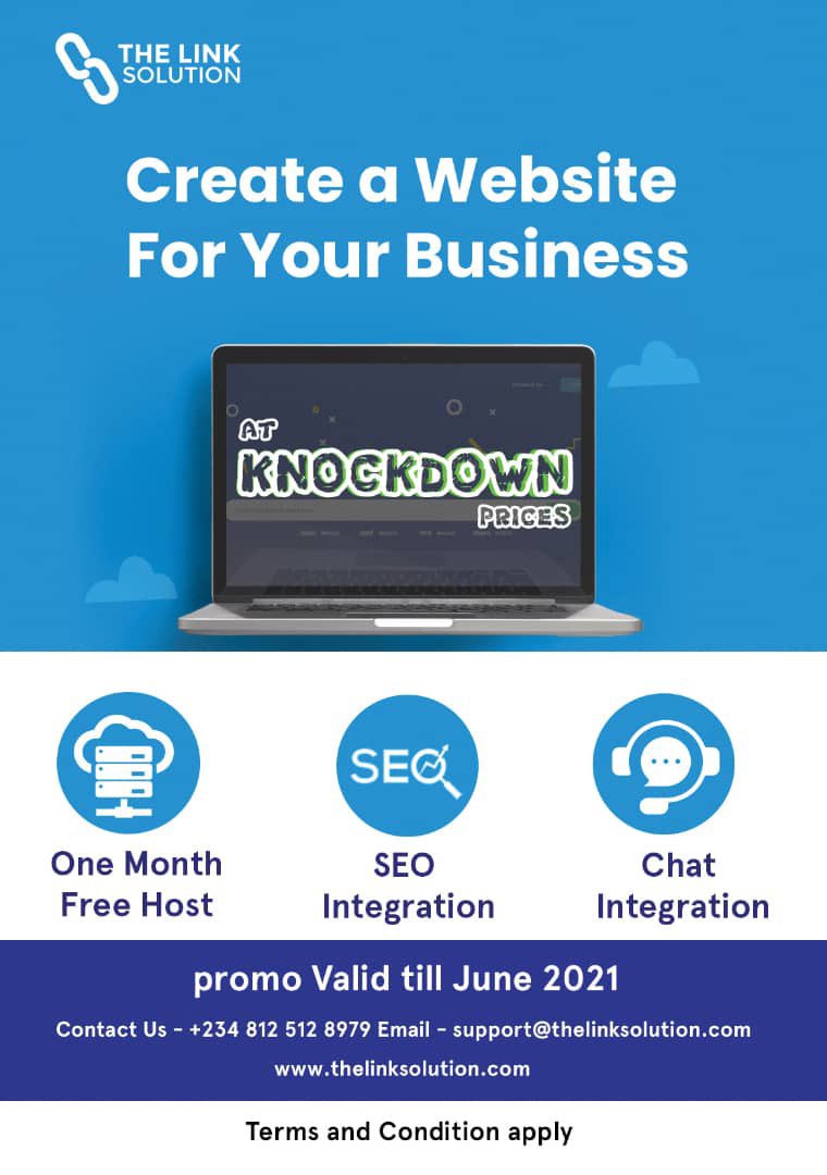 TheLinkSolution's tweet photo. It’s a good day to own a website for personal or business use. 

Make your business accessible digitally, from every part of the world at affordable price.

Kindly RT! 

Don Jazzy igbotic Xabi Alonso #YebekoChallenge Laycon #Naira Apollo male geology accidentally credit sw bmc https://t.co/KIAD7zPfFV