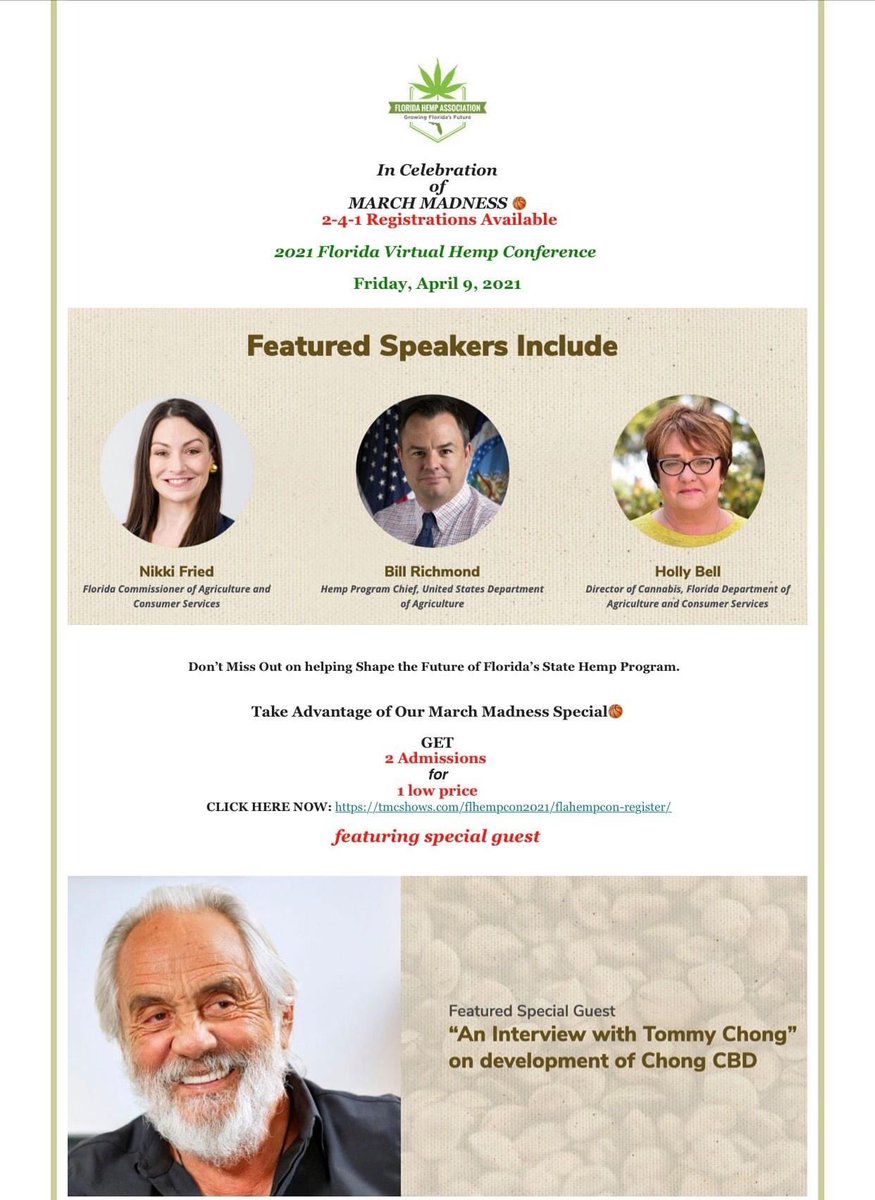 🏀 March Madness Special  2-4-1 Registrations AVAILABLE TODAY - 2021 Florida Virtual Hemp 🌿 Conference Friday, April 9, 2021

GET
2 Admissions
for
1 low price

CLICK HERE NOW: tmcshows.com/flhempcon2021/…