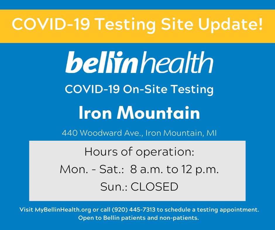 emplifybellin's tweet image. New hours and location for COVID-19 on-site testing in Iron Mountain! Starting today the Iron Mountain COVID testing site will be located at 440 Woodward Ave., Iron Mountain, MI. 

#SackCOVID #KeepOnWI