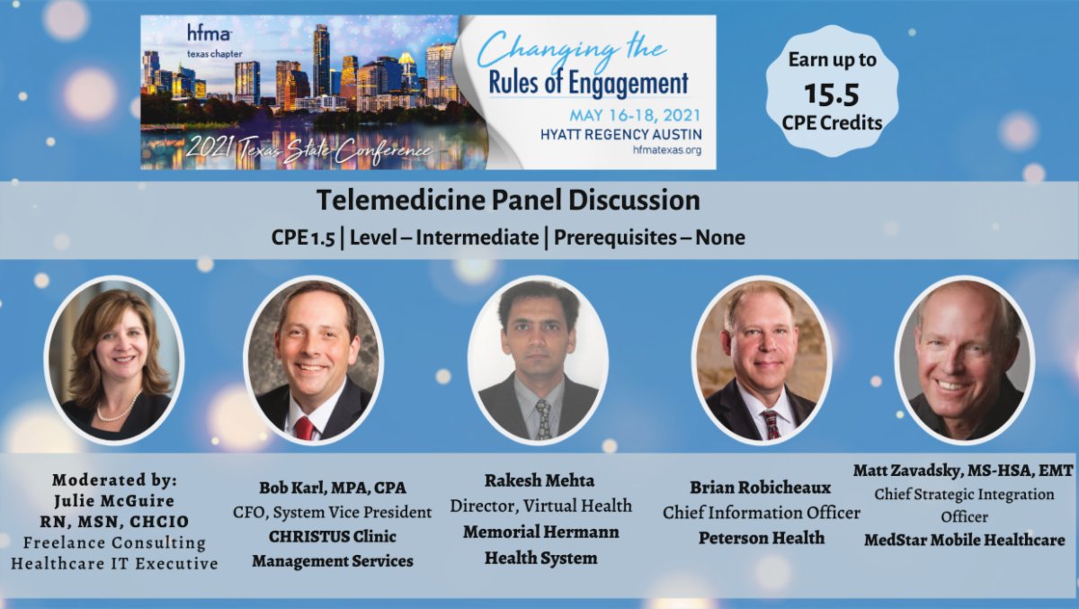 hfmatexas's tweet photo. The #HFMA Texas State Conference is coming up in May. Be sure to register before the prices go up! You won't want to miss our #Telemedicine Panel Discussion. Learn more and register here https://t.co/N7dmuWRvEB https://t.co/G8RTUW2pWT