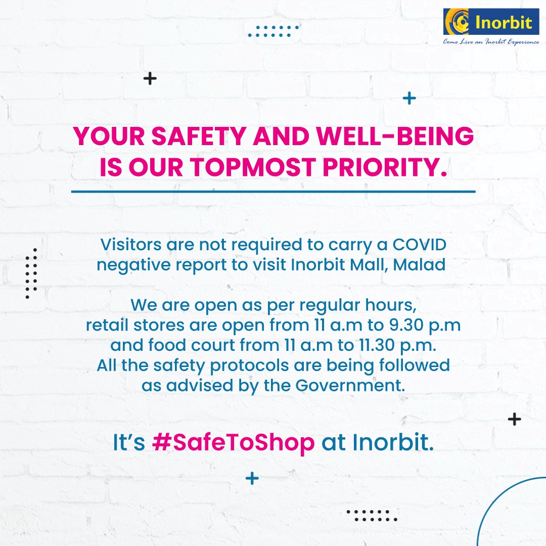InorbitMall's tweet photo. Kindly ignore all the rumours coming your way. Our DMs are always open to your queries. π
We are taking all the safety measures as per the government guidelines to ensure your maximum safety.
It is #SafeToShop at Inorbit.π
#InorbitMallMalad #InorbitMall #Shopping #safetyfirst https://t.co/5c178sAFlr