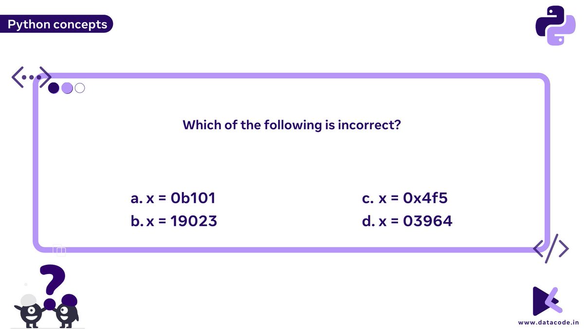 Datacode_in's tweet photo. Python Concept Quiz Question No: 3

Comment down your answer below

Want to know more About Python?
visit👇

https://t.co/ptInXIFG9Z

#datacode #python #pythonprogramming #pythonapplications #pythonadvantages #pythonfeatures #pythonprojects #pythonforbeginners https://t.co/qaEcLLW8KC