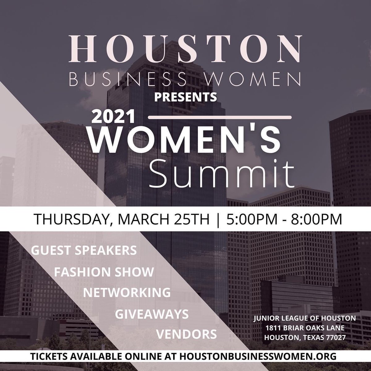 HoustonAngels_'s tweet photo. So excited to announce that we are an Official Partner for the Women’s Summit hosted by @HoustonBusinessWomen! 
Join us THIS Thursday March 25th at the Junior League of Houston for an evening on networking, entertainment, panel discussions, fashion show, giveaways and more! https://t.co/wTASNQqt5c