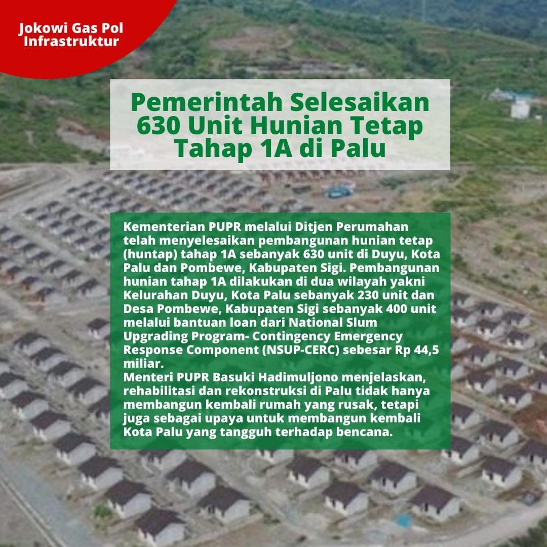 terima kasih pemerintahan Jokowi melalui Kementerian PUPR semangat gaspol infrastruktur dengan menyelesaikan pembagunan hunian tahap 1A sebanyak 630 unit di Duyu Kota Palu dan Pombewe Kab Sigi
<a href="/naomiJolanda/">naomi Jolanda</a> 
<a href="/NgkongRoses/">Call Me Ngkong Roses🌹</a>