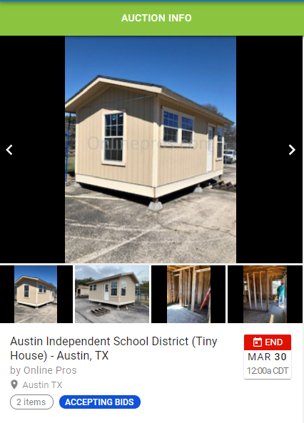 onlinepros.com/auctions/detai…
Tiny house for sale. Supports Crockett P-TECH Construction Trades Academy.
<a href="/AISD_CTE/">Austin ISD - Career & Technical Education</a> <a href="/AustinISD/">Austin ISD</a>