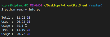 kiplandvaughn's tweet photo. Working on StatSheet this morning, the program is done except for one value that is being returned. When I pull the tuple of RAM info from PSUTIL, there is a duplicate value that is being printed. Next goal is to skip that value.

Day 60 of #100DaysOfCode https://t.co/BfukY8HAsw