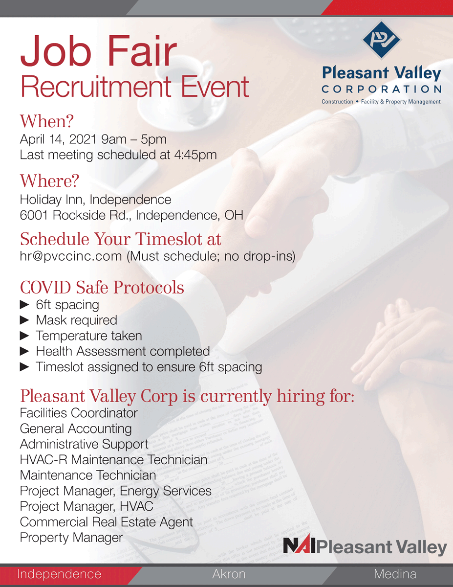NAIPVOHIO's tweet photo. Ready to embark on the journey to a new career? We're hosting a #jobfair on Wednesday April 14th in Independence, Ohio. Schedule your timeslot by emailing hr@pvccinc.com
#career #Hiring https://t.co/aHSDMIo6dM