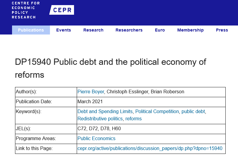 pierrecboyer's tweet photo. New @cepr_org #workingpaper โPublic #debt and the #political economy of #reformsโ (joint with Christoph Esslinger and Brian Roberson) ๐
#EconTwitter #TaxTwitter #Debt #Politics #Debtlimits #Spendinglimits https://t.co/58YOeLjhD2