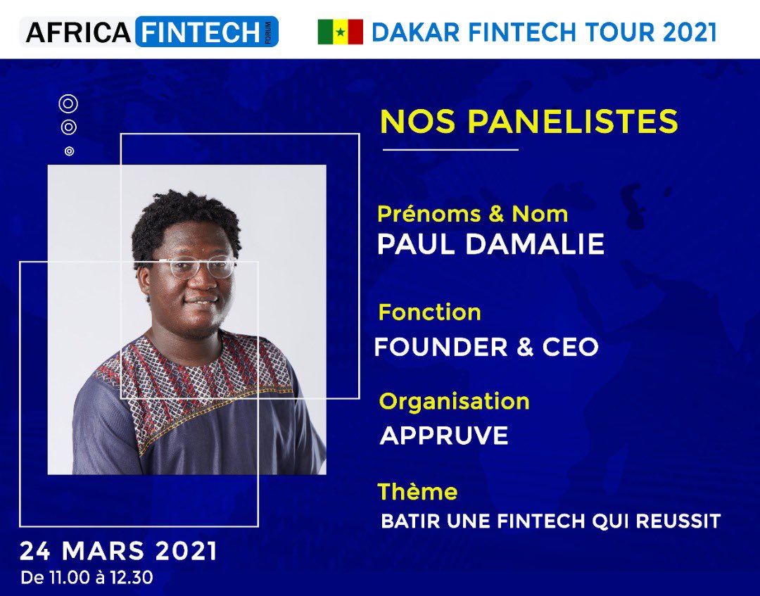 AppruveHQ's tweet photo. Join us on March 24, 2021 from 11:00 am to 12:30 pm (GMT) as our CEO - @PaulDamalie and other fintech founders, as they discuss "CROSS-LOOKING AT THE FINTECH INDUSTRY IN FRENCH-SPEAKING AFRICA".
You can join here 👉🏾: https://t.co/8W0Ae2KlFe
#appruve #DAKARFINTECHTOUR2021 https://t.co/3FwkOxFh7v
